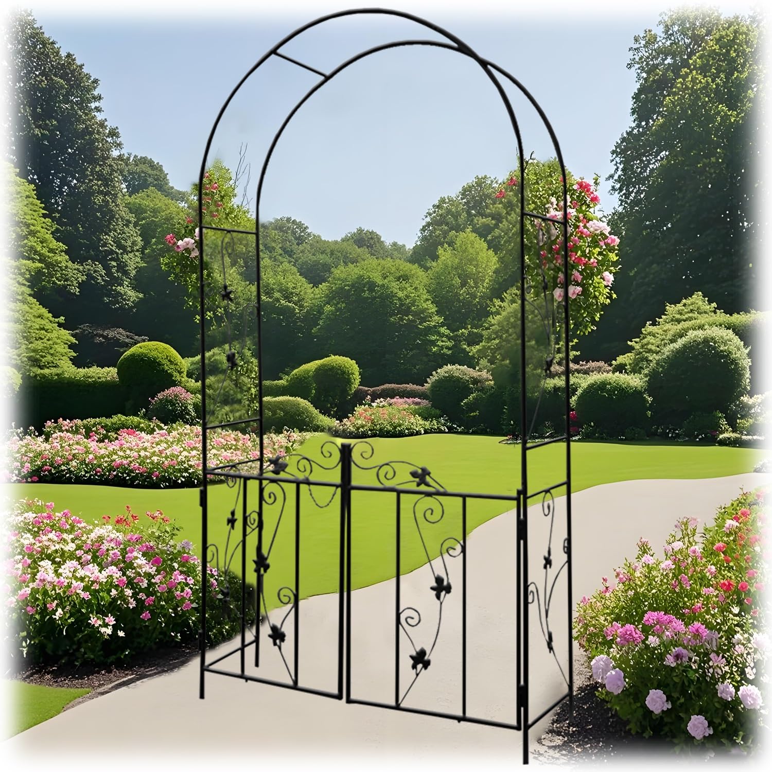 Metal Entrance Arch With Double Doors, W43.3in X H84.2in Outdoor Rose Arbor Party Decoration Trellis For Climbing Plants, Heavy Duty Patio Garden Arch(Black)