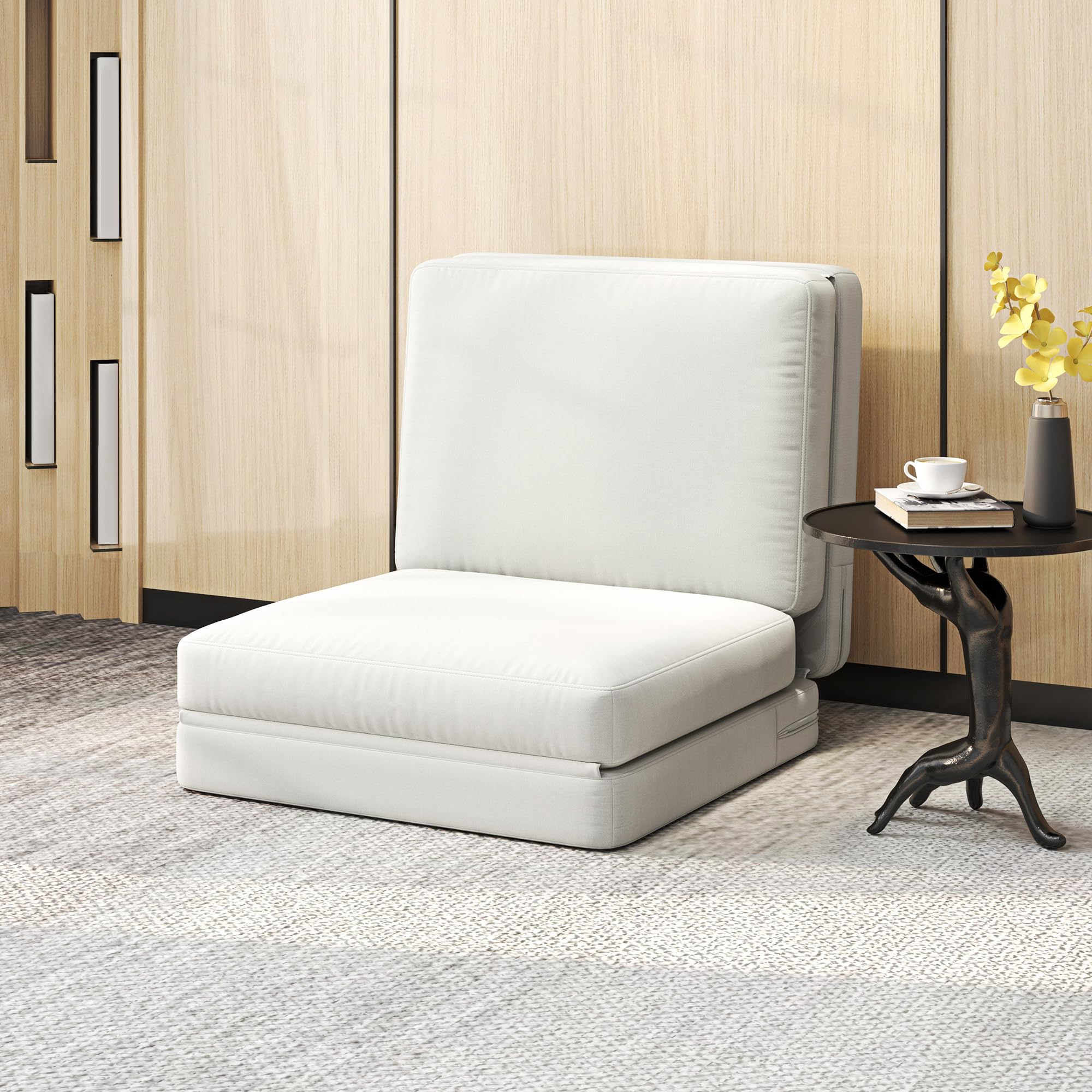 HOMCOM Canapé Convertible 1 Place en Velours Pliable Fauteuil Paresseux chauffeuse canapé-lit pour invités Salon, capacité 240 kg, 75 x 268 x 18 cm, crème