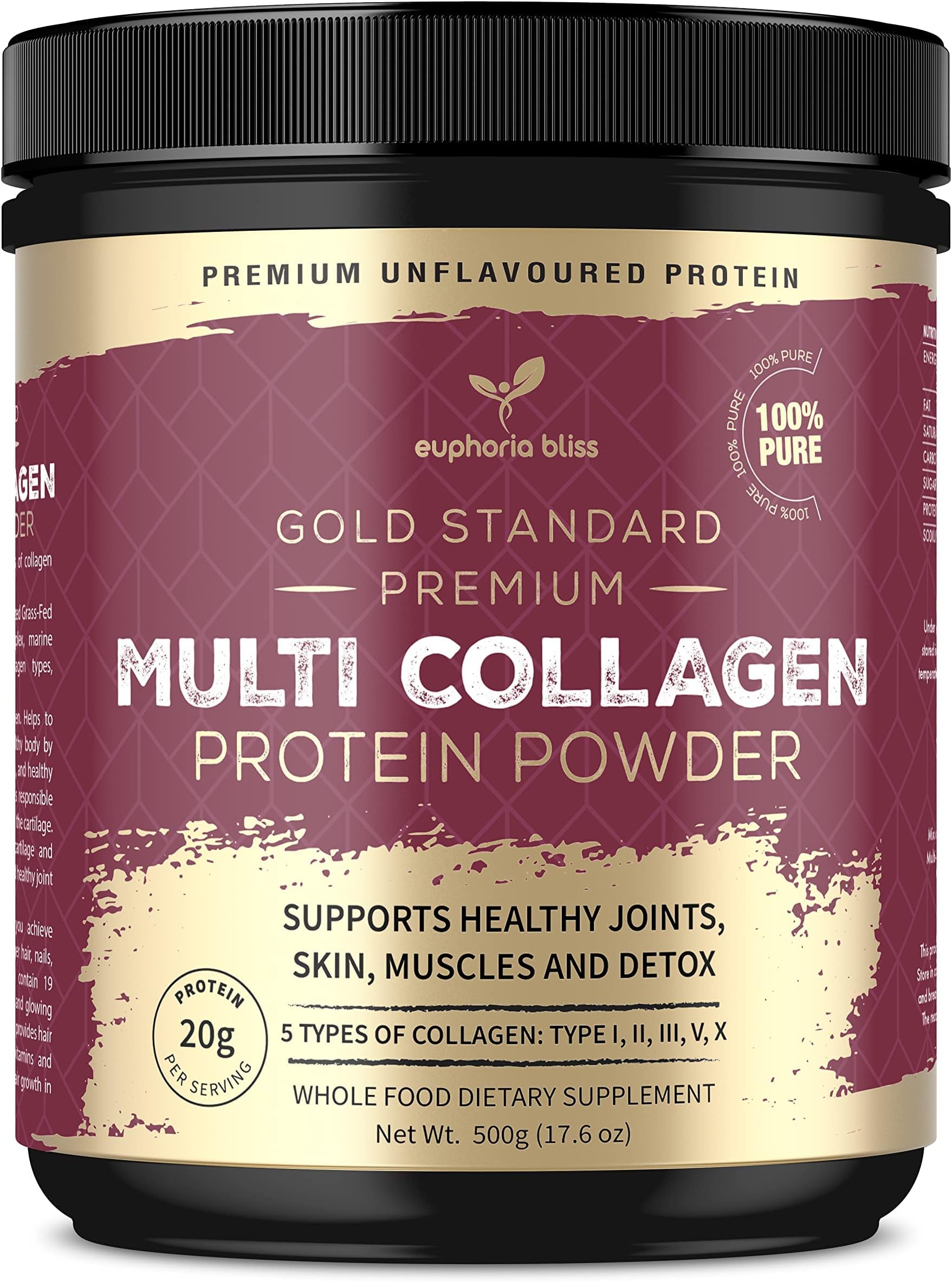 Multi Collagen Protein Powder 500G | Unflavoured | Types I, II, III, V & X, Hydrolyzed Grass Fed Bovine | Wild Caught Fish | Free-Range Chicken & Eggshell Collagen | Halal