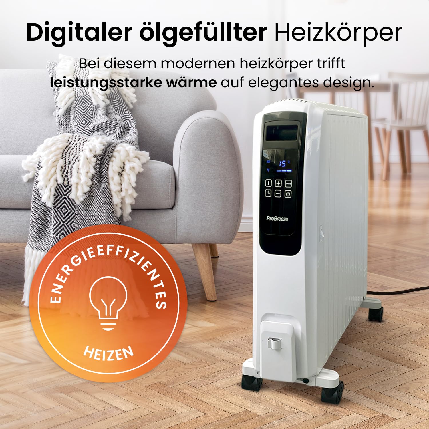 Pro Breeze Premium 2500W Ölradiator energiesparend mit digitalem Display & Fernbedienung - Heizkörper elektrisch mit 10 Rippen, 4 Heizstufen, 24h Timer, Thermostat & Überhitzungsschutz