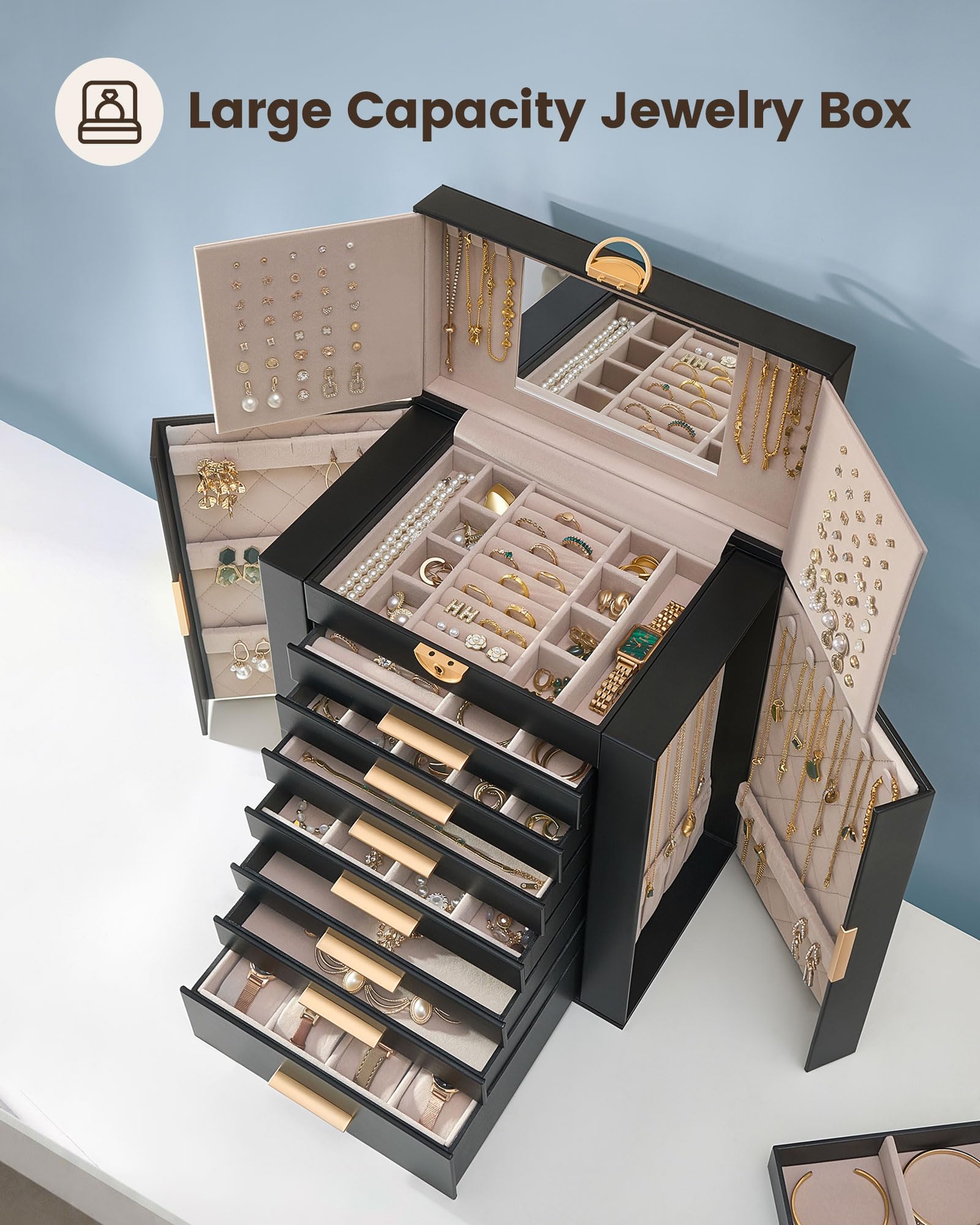 Lolalet Caja Organizadora de Joyas Grande 8 niveles con Espejo Negro | con Cerradura, para Anillos, Pendientes, Pulseras, Collares y Relojes. Ideal para Hogar y Regalos para Mujeres