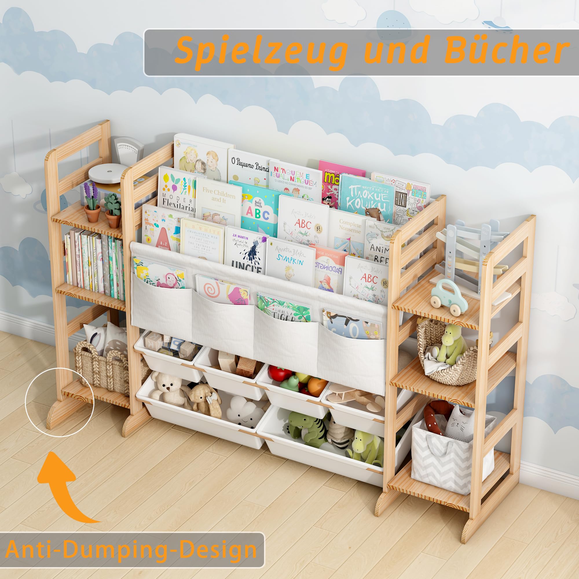 EstanterÍa Infantil para Juguetes y Libros para Juguetes con 4 Compartimentos de Tela Oxford, Estantería Infantil de Madera Maciza con 6 Caja de Almacenamiento, Organizador de Libros