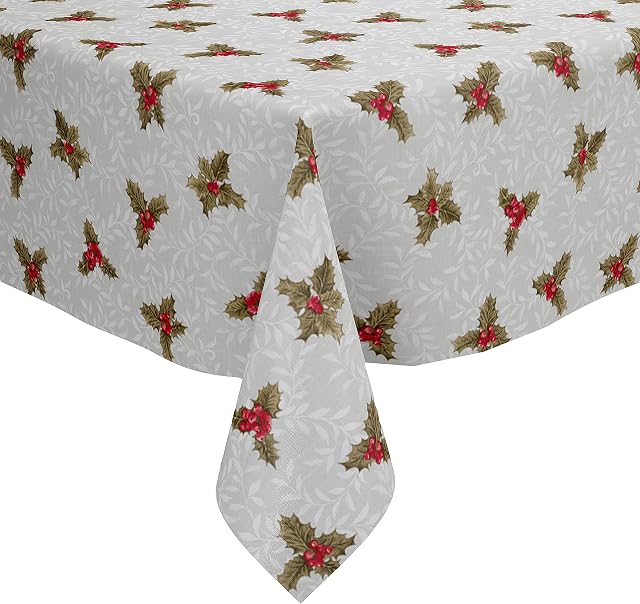 Karina Home Christmas Holly PVC Vinyl Wipe Clean Oilcloth Tablecloth (Grey, 200cm x 140)