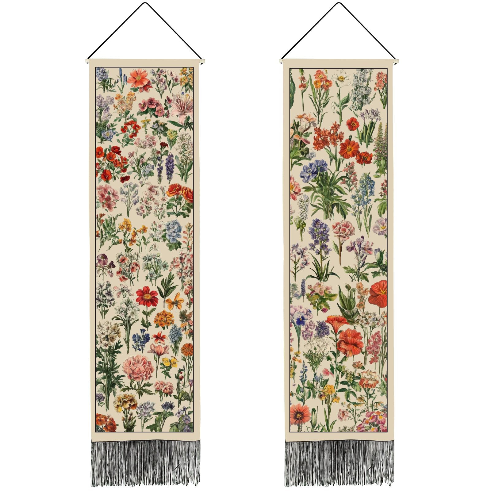 PRESSINART 2 Pcs 2 Styles Long Floral Tapestry Vintage Vertical Tapestry Reference Illustrative Botanical Long Narrow Flowers Print Tassels Wall Hanging for Bedroom Living Room Office Home Decoration