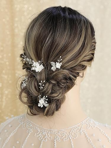 Miniatura 4 de Alfileres de pelo hechos a mano de perlas nupciales, 6 piezas de flores blancas y hojas plateadas, accesorios para la cabeza, joyería para damas de