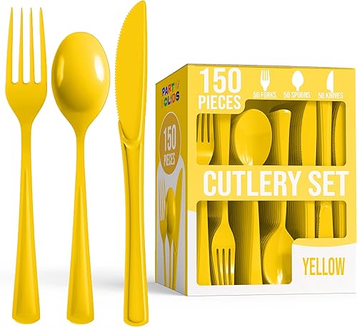 Party Solids Juego de cubiertos de plástico amarillo resistente, 150 piezas, juego de cubiertos de plástico amarillo, 50 de cada tenedor, cuchillos