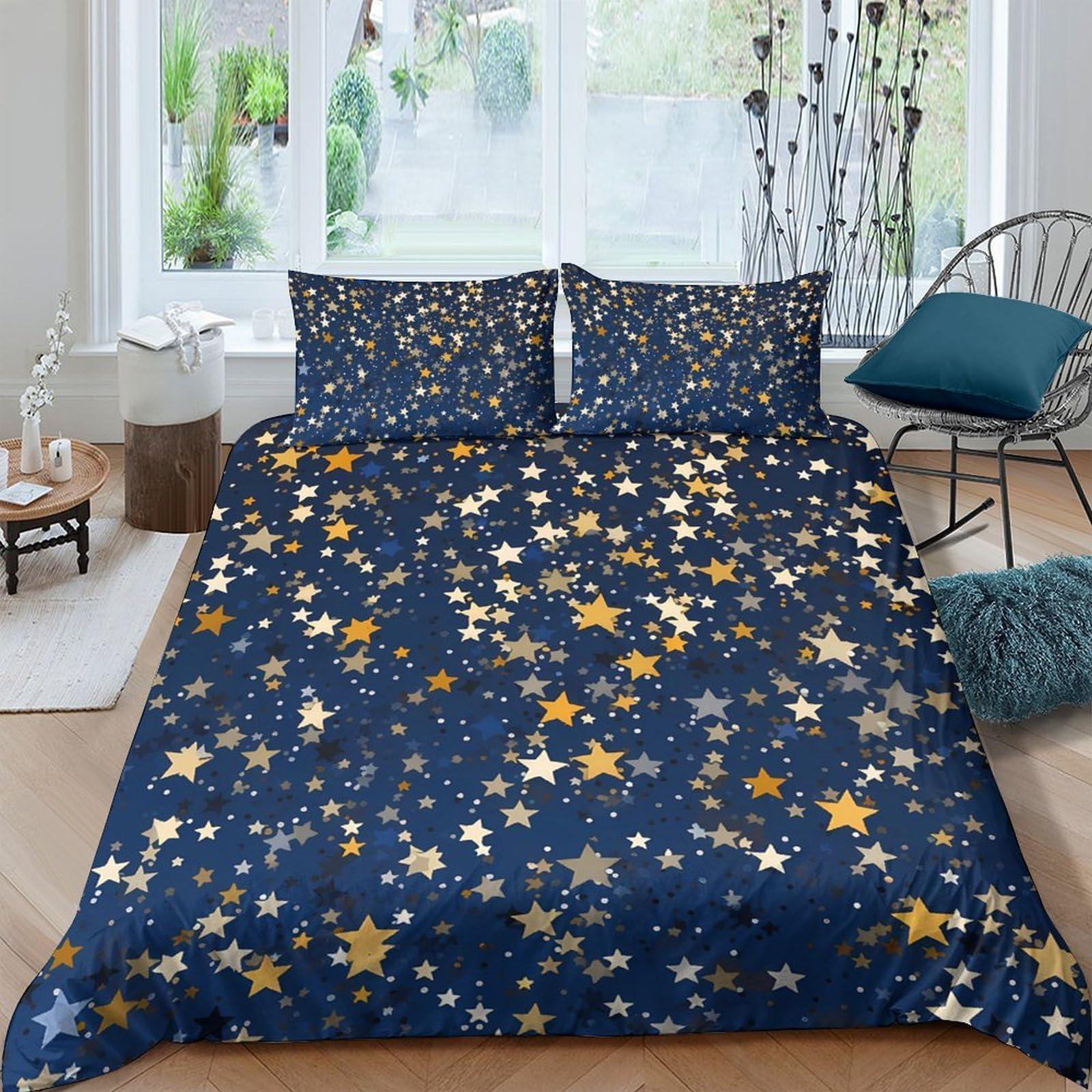 GPLZQXKJNH 3D Printed Golden Star Night Sky Duvet Cover Set Microfiber Soft Breathable Bedding Set with 2 Pillowcases for Bedroom Single（135x200cm）