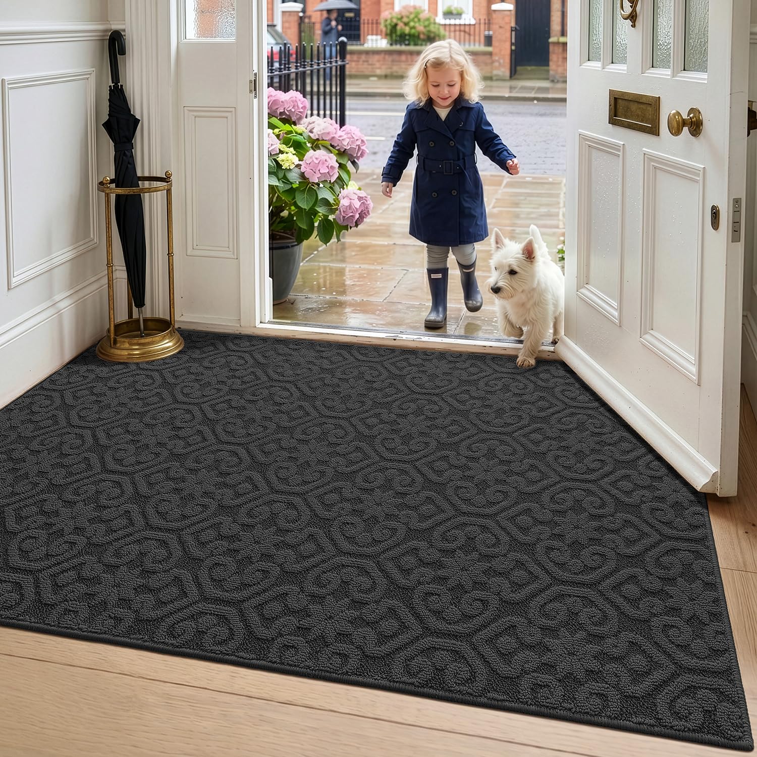 DEXI Door Mats Indoor 90 x 150 cm, Dirt Trapper Doormat with Non Slip Rubber Backing, Thin Washable Front Entrance Mat for Inside, Patio, Porch, Charcoal