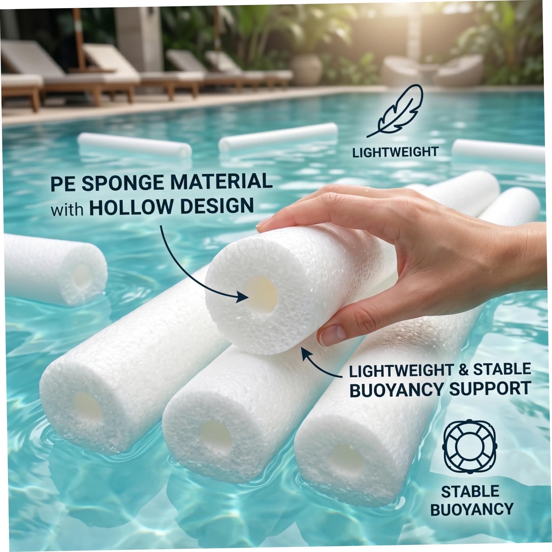 Pool Noodles Bulk 6 pezzi galleggiante in schiuma PE cavo da 59 pollici assorbente antiurto antiscivolo per lavoretti da spiaggia fai da te bianco