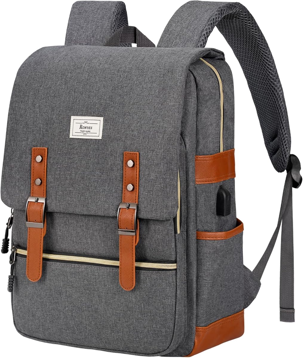 Ronyes Vintage Laptop Backpack for Women Men,15.6 inch Bookbag Casual Daypack with USB Charging Port for College Work, Grey Backpacks : Electronics