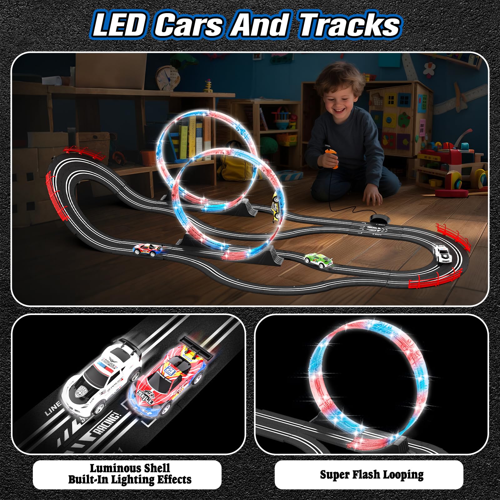 Juego de pista de carreras 2 en 1 con 4 autos de alta velocidad, pista eléctrica, juego de carreras dual con 2 controladores, diseño de paso elevado circular con pistas flash. Regalo de juguete para 3