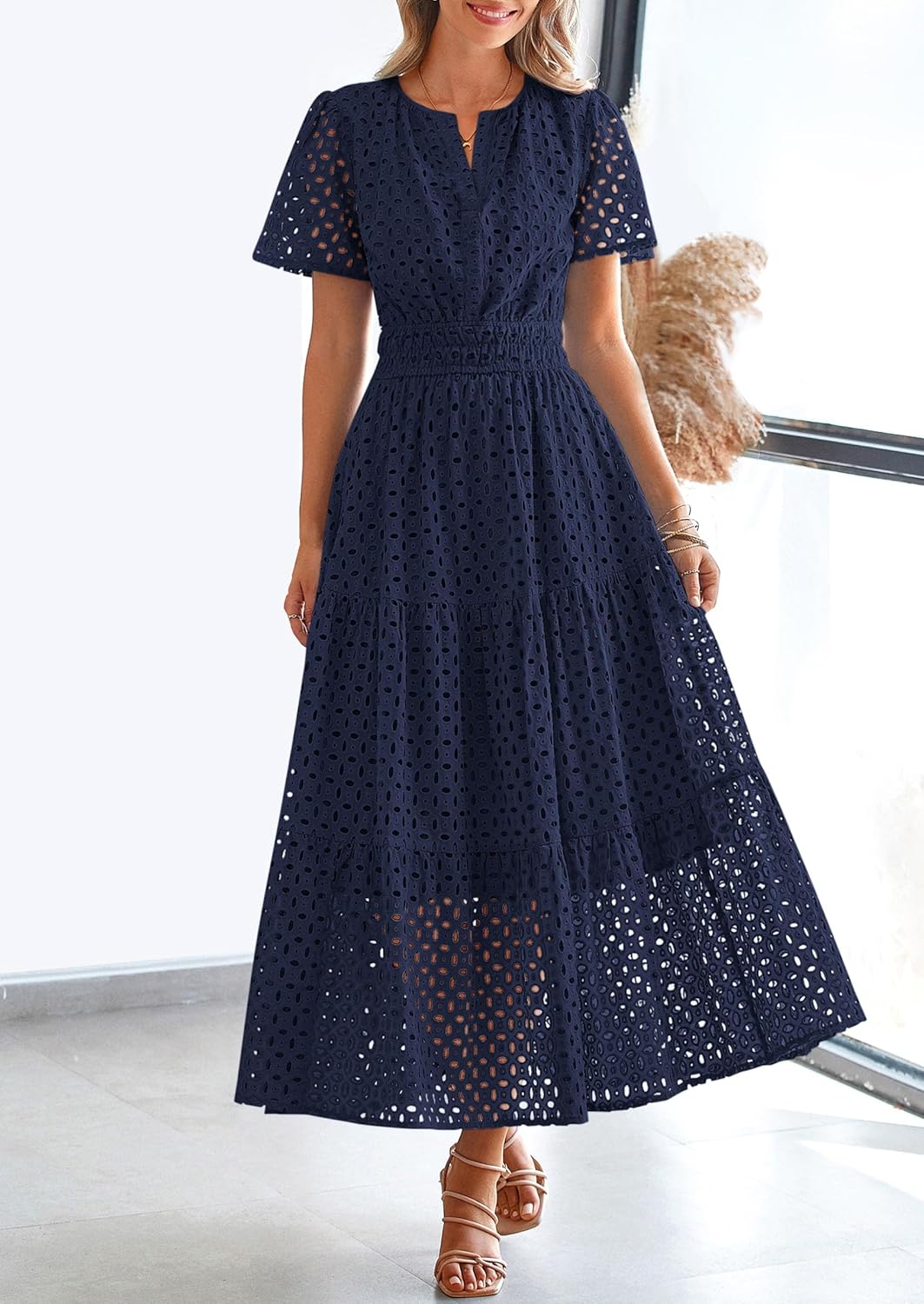 PRETTYGARDEN Womens 2026 Summer Maxi Dress Short Sleeve V Neck Hollow Out Eyelet A Line Long Flowy Beach Vacation Dresses - Image 5