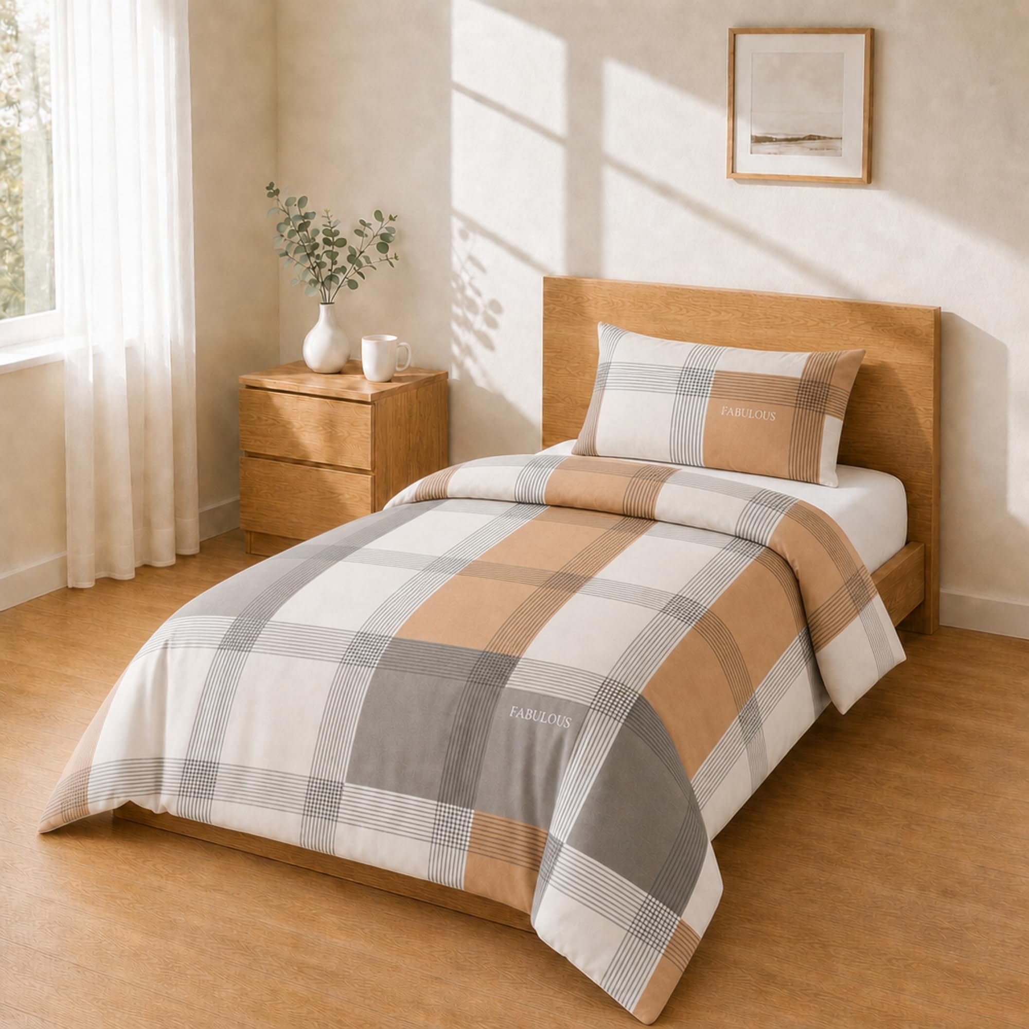 Homebliss Bed Linen Set 140 x 200 cm + 50 x 80 cm, 1 Piece, Checked Beige Taupe