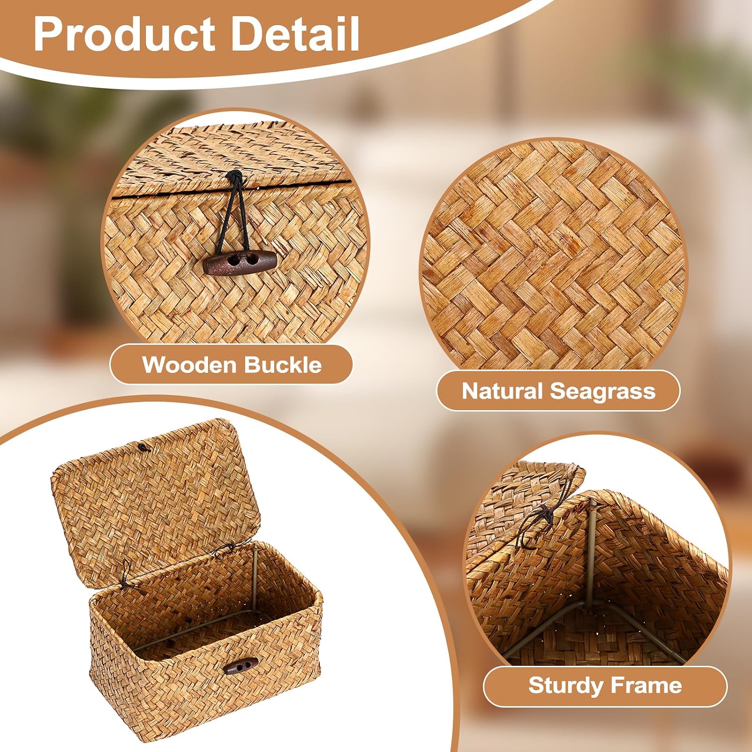 Hipiwe Small Seagrass Wicker Box with Lid Decorative Shelf Basket Bin