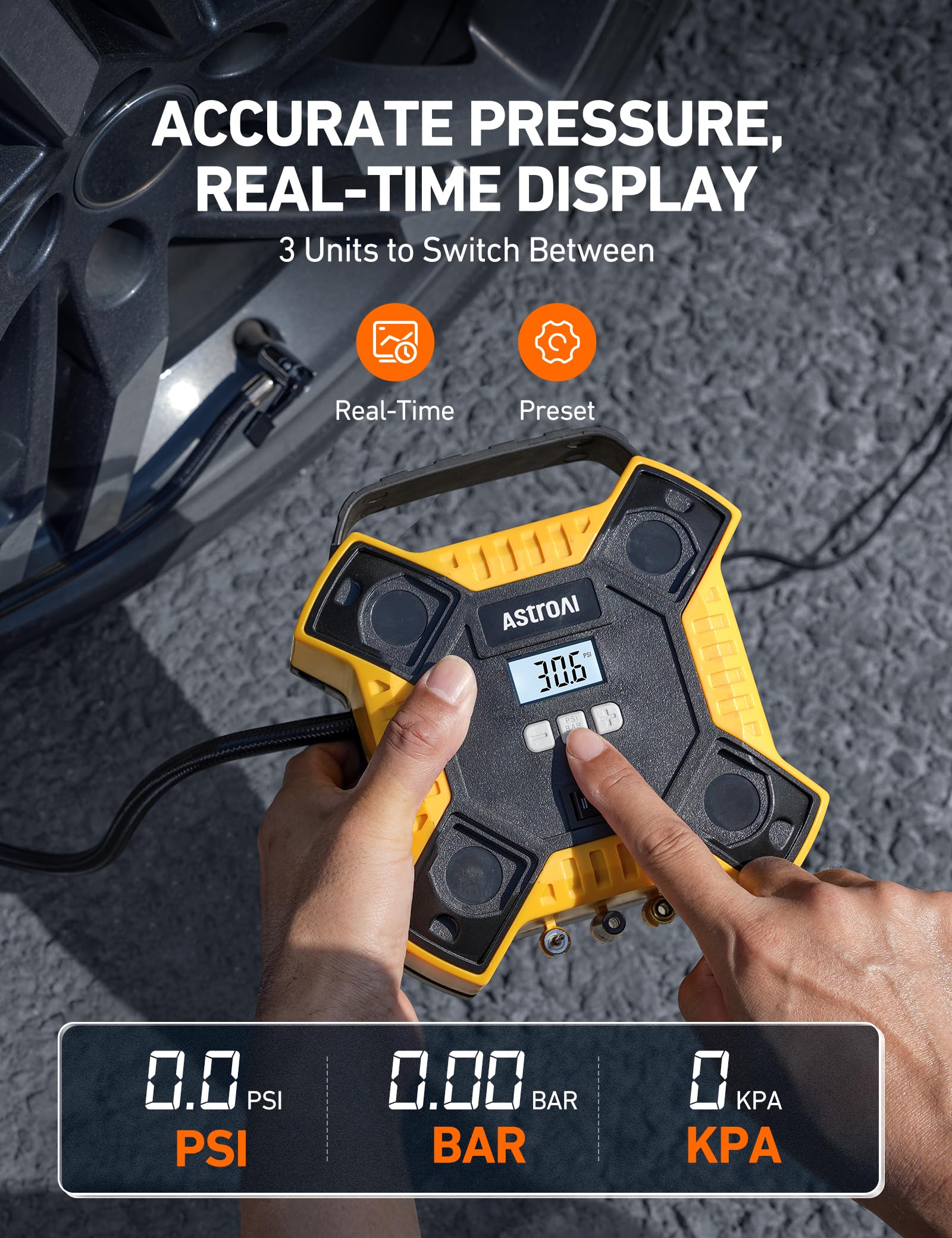 AstroAI Przenośna pompa powietrza, sprężarka do opon samochodowych, cyfrowa,12V DC, 160 PSI, z oświetleniem LED, do opon samochodów, rowerów, motocykli i innych nadmuchiwanych przedmiotów (żółta)