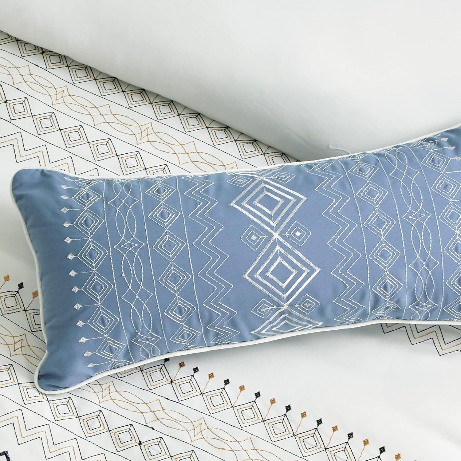 Chezmoi Collection Hart 7-Piece Southwestern Boho Comforter Set Queen Size - White/Navy/Blue/Gold Geometric Embroidery Lightweight Bedding Set for All Season