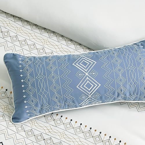 Miniatura 7 de Chezmoi Collection Hart - Juego de edredón bohemio del suroeste de 7 piezas, tamaño Queen, blanco, azul marino, azul, dorado, bordado geométrico,