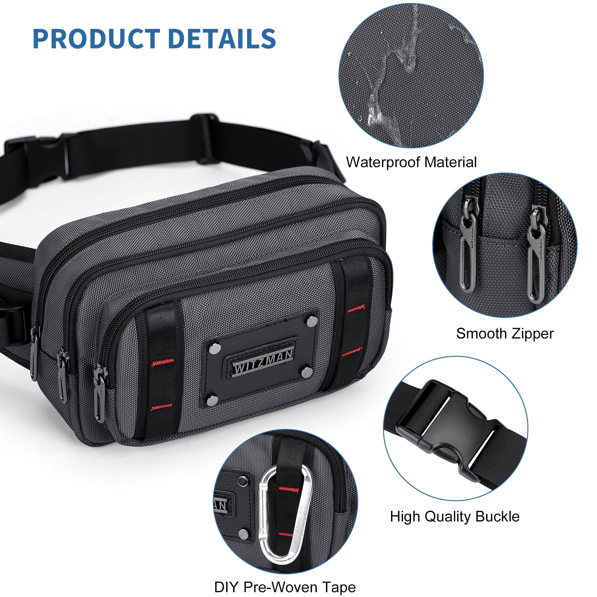 WITZMAN Sac Banane pour Homme, Sac Ceinture Décontracté Résistant À L’Eau | Sacoche 4L, Poche Anti-Vol Arrière, Compatible Grand Téléphone, Parfait Pour Voyage, Randonnée, Course , B732 Gris