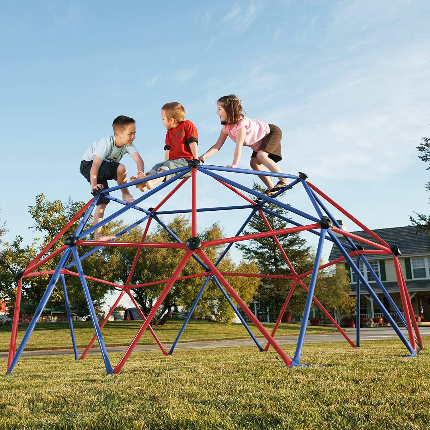 Children playing on the Lifetime Geometric Dome Climber in a backyard
