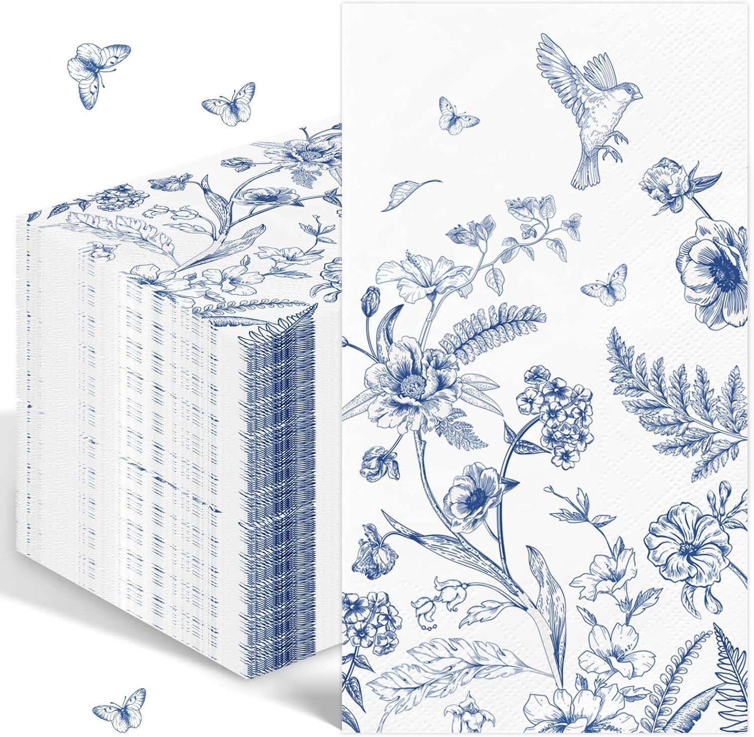 ブルーフローラルナプキン 使い捨てハンドタオル バスルーム用 3層 ブルーとホワイトペーパーナプキン ヴィンテージバードフラワーゲス