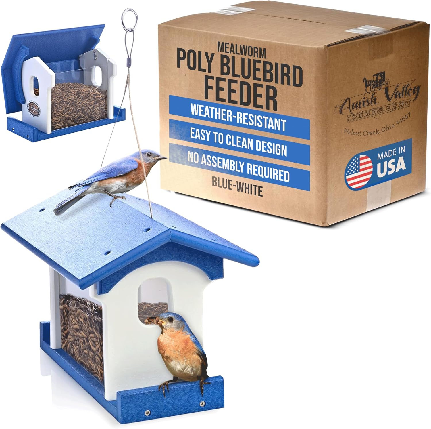 Poly Bluebird Feeder Durable Hanging Weather-Resistant Mealworm and Wild Bird Feeder Outdoor Feeder for Blue Birds Easy Fill-Clean Design Handcrafted in The USA (Blue-Grey)