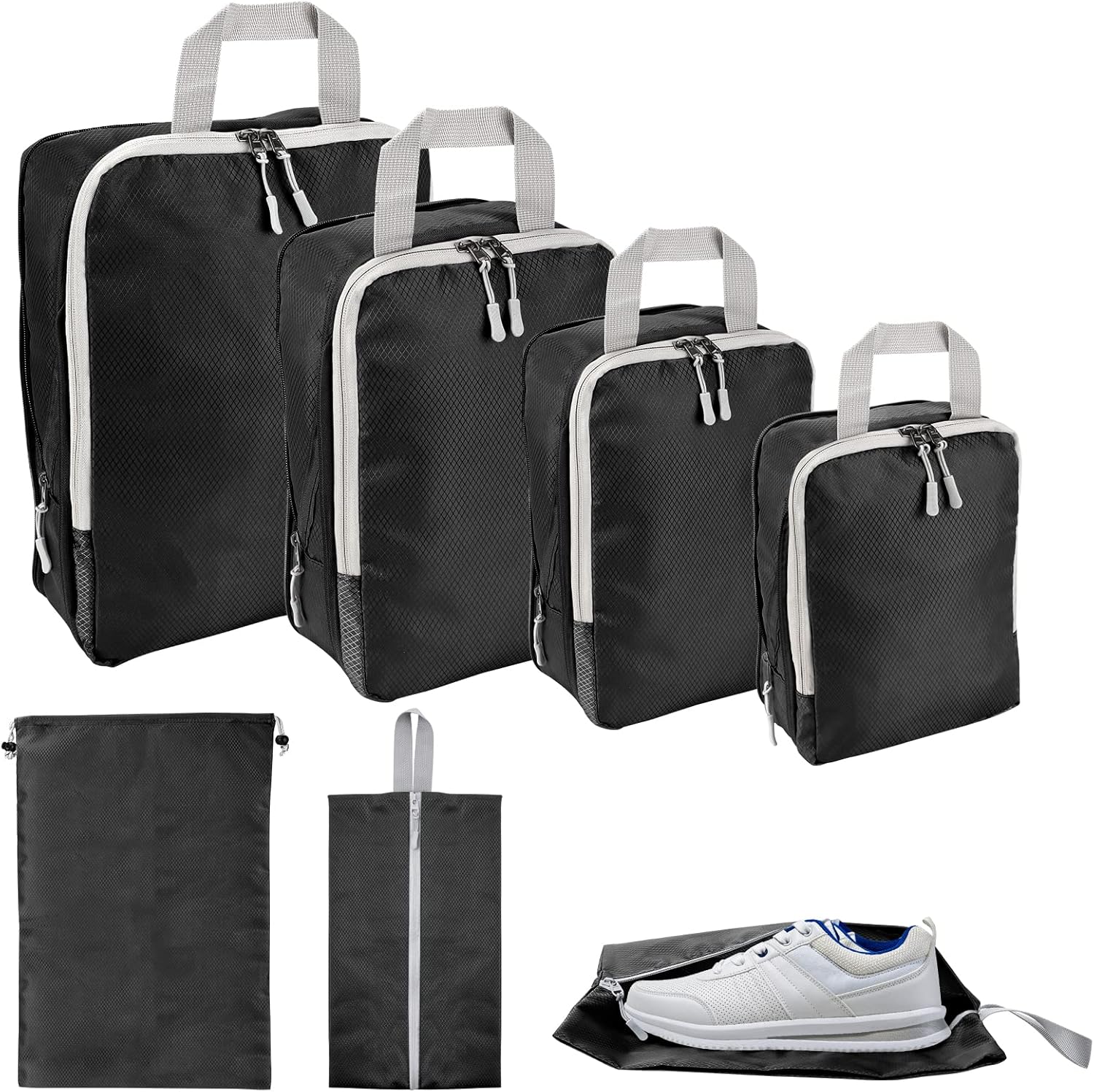 Achort Organizer Valigia Kit Viaggio 6 Pezzi Organizer Viaggio Accessori Viaggio, Organizer Valigia Set Viaggio Borse per Biancheria Intima Calzature Vestiti Tessuto Impermeabile per il Viaggia (Nero) - Immagine 1