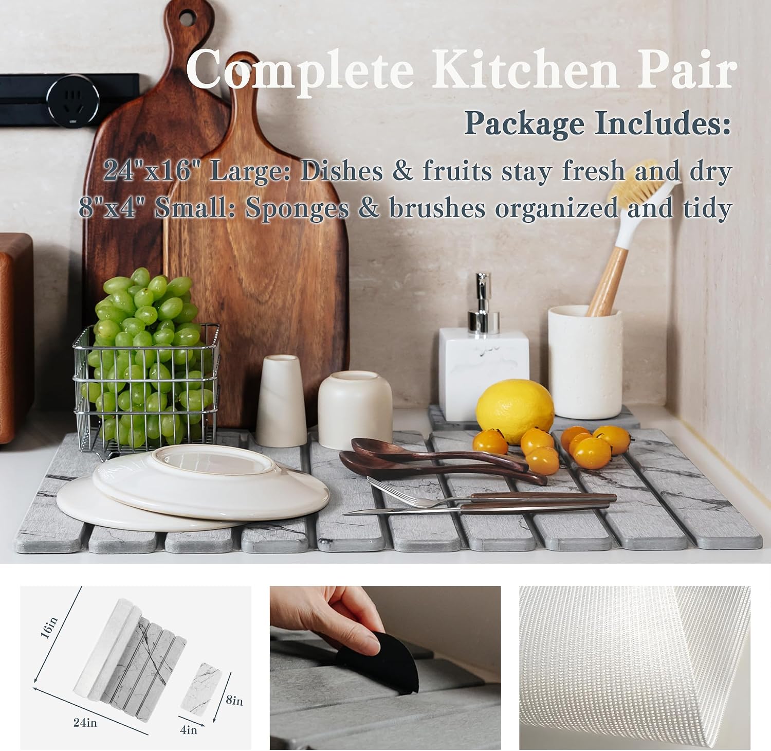 2pcs Stone Dish Drying Mat for Kitchen Counter, Quick-Dry Diatomaceous Earth Water Absorbent Pad & Countertop Drainer, Home Essentials for Bath and Pets - Marble Light Grey, 24x16’’ & 8x4’’ image 2