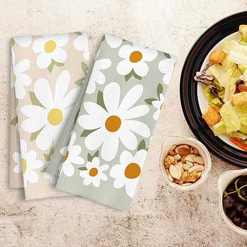 Miniatura 4 de Toallas de cocina con diseño floral de margaritas, estilo retro de los años 70, color marrón y verde, toalla de mano rústica estilo botánico