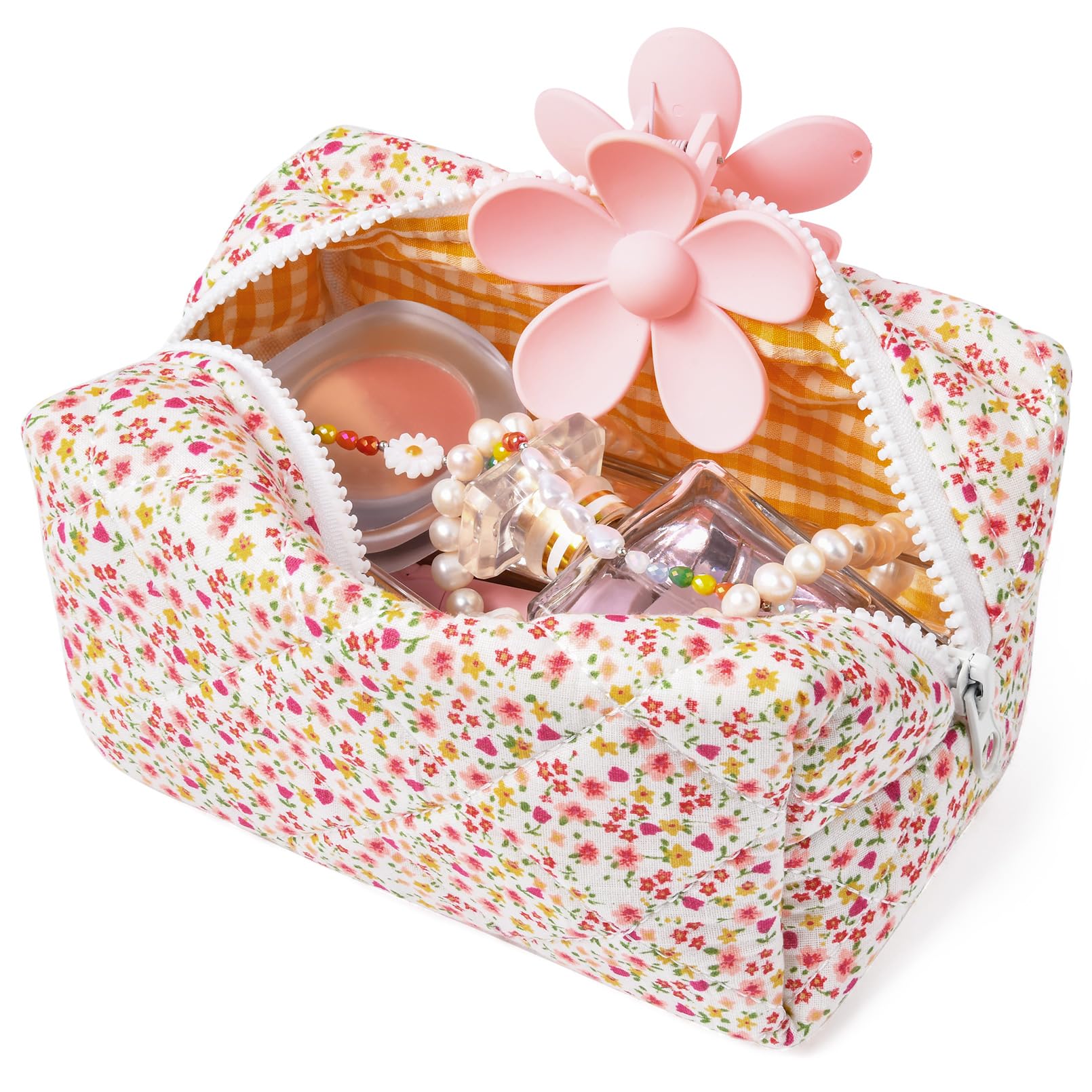 SOIDRAMFloral Makeup Bag Quilted Cosmetic Bag Cute Puffy Coquette Makeup pouch Aesthetic Travel Toiletry Bag Organizer cotton Makeup Brushes Storage Bag for Women