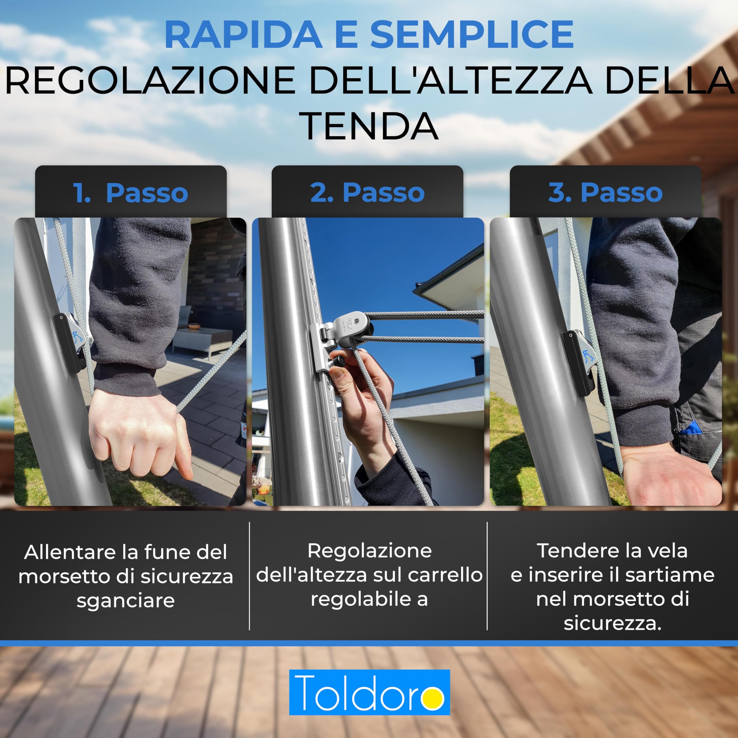 Toldoro 300cm Palo per vela ombreggiante regolabile in altezza/Palo per vela con guida per la regolazione dell'altezza/Pali per vele ombreggianti