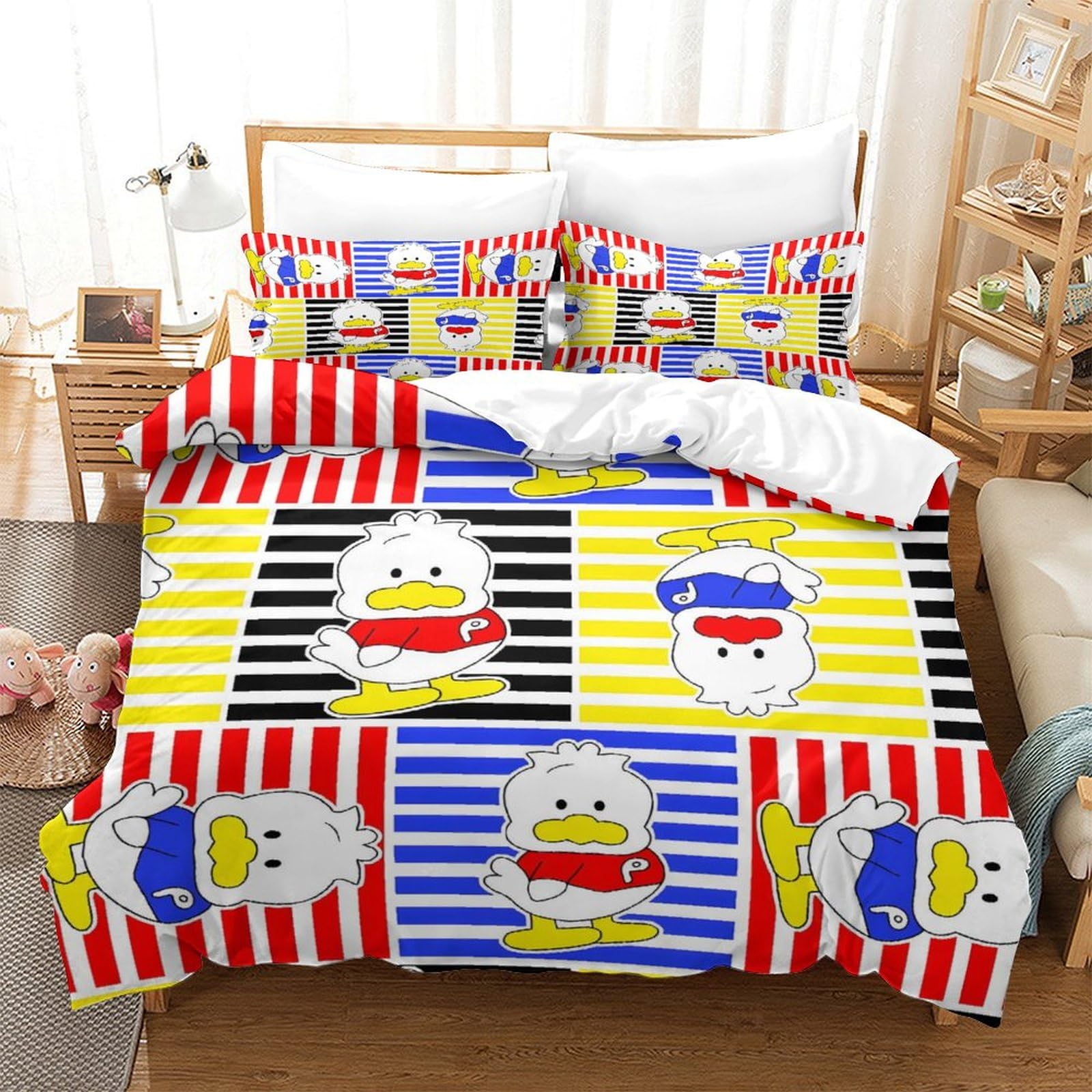 LIAOHENKAN Cute Cartoon Duck Grid Full Size Duvet Cover Set for Teens Adults 3Pcs Ultra Soft Bedding with Zipper Closure Comforter Set Breathable Quilt Set for All Ages Super King（260x220cm）