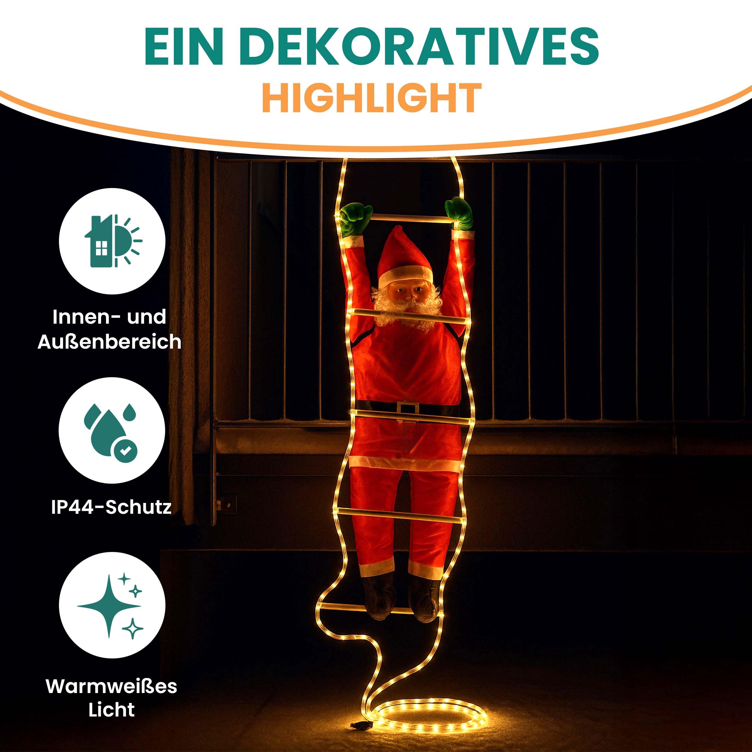 Gartenpirat Weihnachtsmann auf Leiter 200 cm LED-Lichtschlauch warmweiß Deko Nikolaus Weihnachtsdekoration Weihnachtsfigur innen außen