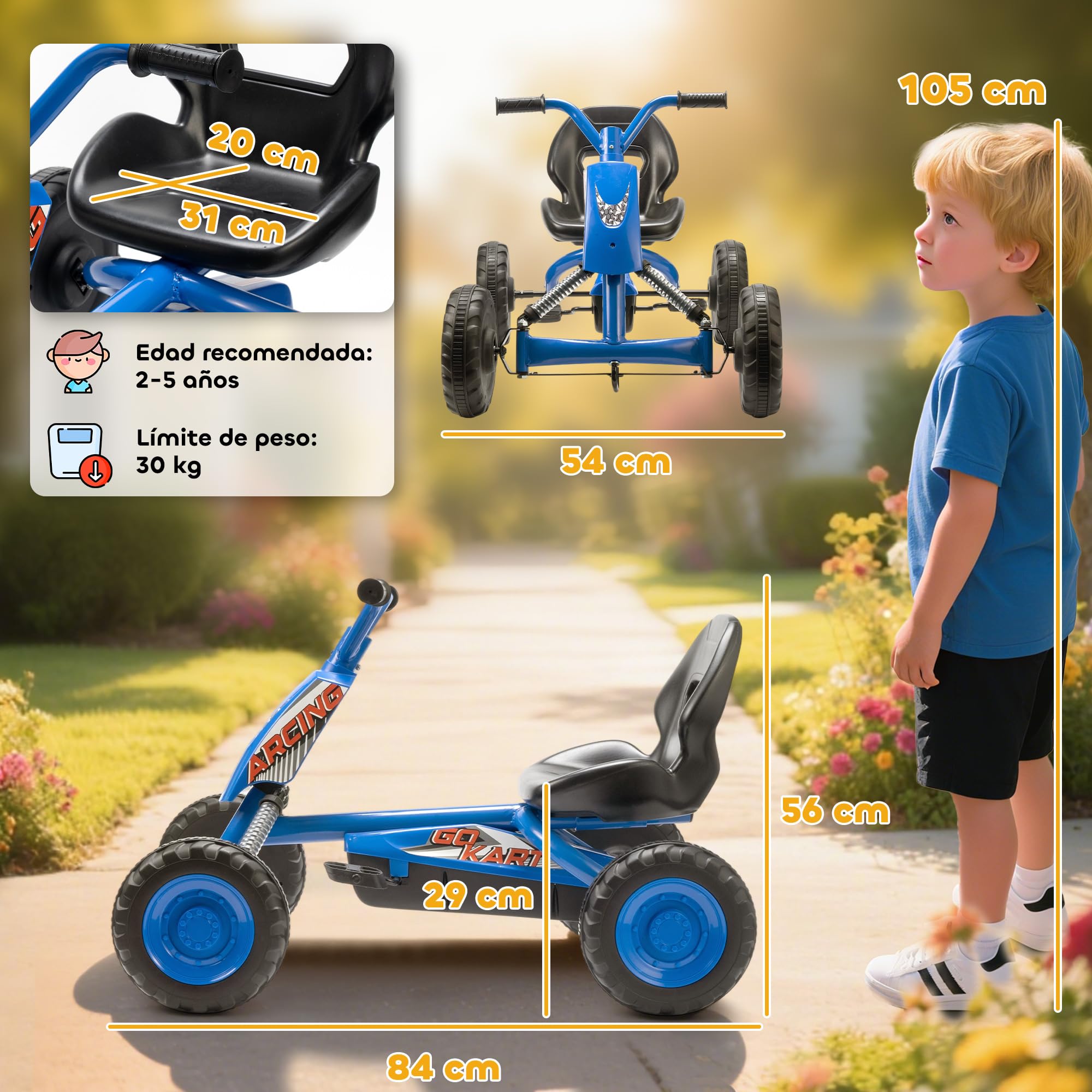 AIYAPLAY Kart Pedales, Go Kart con Ruedas PP, Marco de Acero, Carga 30 kg, para Niños y Niñas de 2-5 Años, Azul