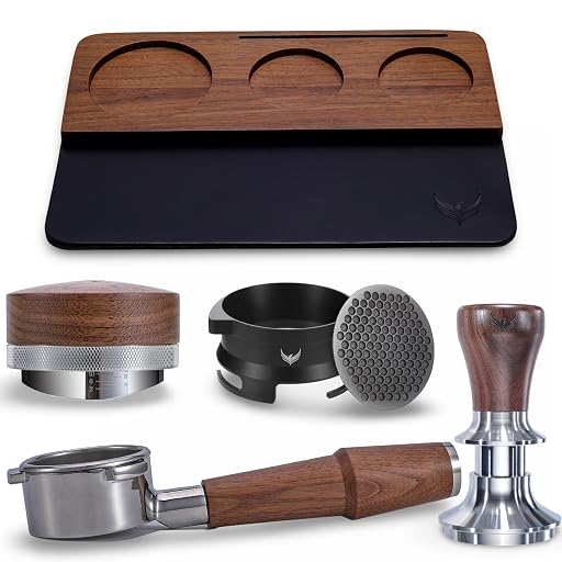 54mm Espresso Accessory Set For Breville Machines Includes Walnut & Leather Tamping Mat, Calibrated Tamper & Distributor, Dosing Funnel & Puck Screen, Bottomless Portafilter