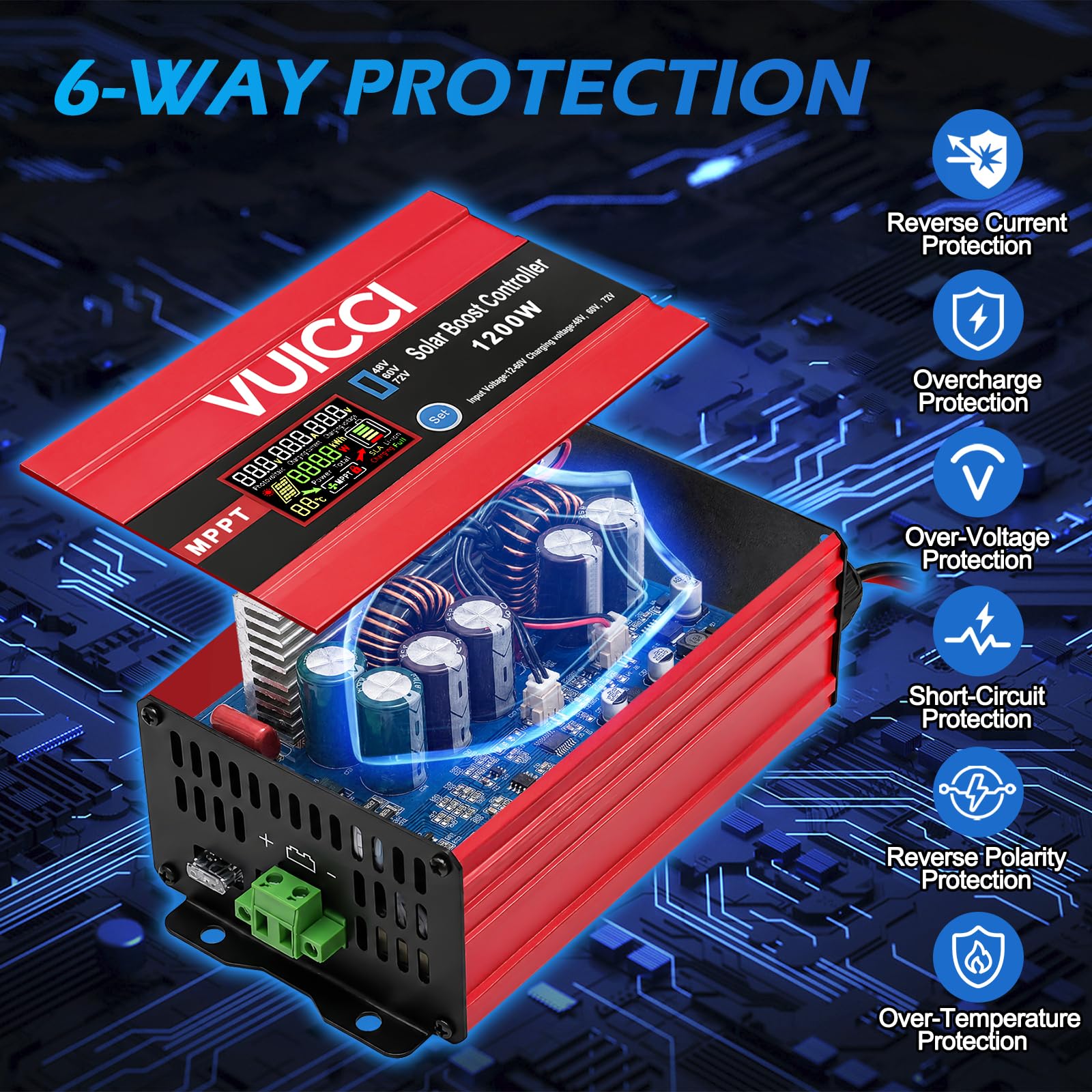 Controlador de carga solar MPPT de 30 A, 1200 W, 48 V/60 V/72 V, máximo 15 A para plomo-ácido y LiFePO4, 99% de seguimiento, 98% de eficiencia, controlador de carga de panel solar para