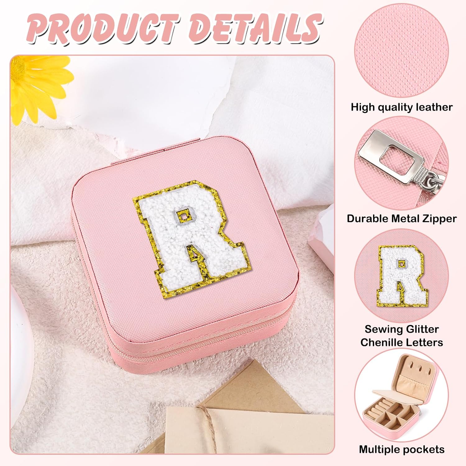 URSKYTOUS Travel Jewelry Case For Women Girls Best Friends Gifts Small Travel Jewelry Case with Initial Jewelry Box Jewelry Organizer Holder Friend BFF Bestie Birthday Christmas Gift (R) image 3