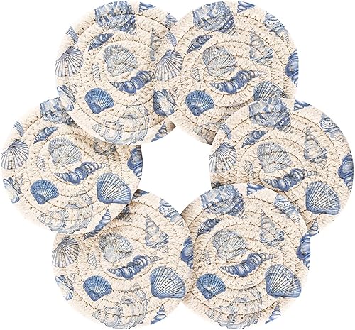 Vista 26 de Juego de 6 posavasos para bebidas con soporte, diseño retro de estrella de mar y estrella de mar, juego de 6 posavasos decorativos absorbentes