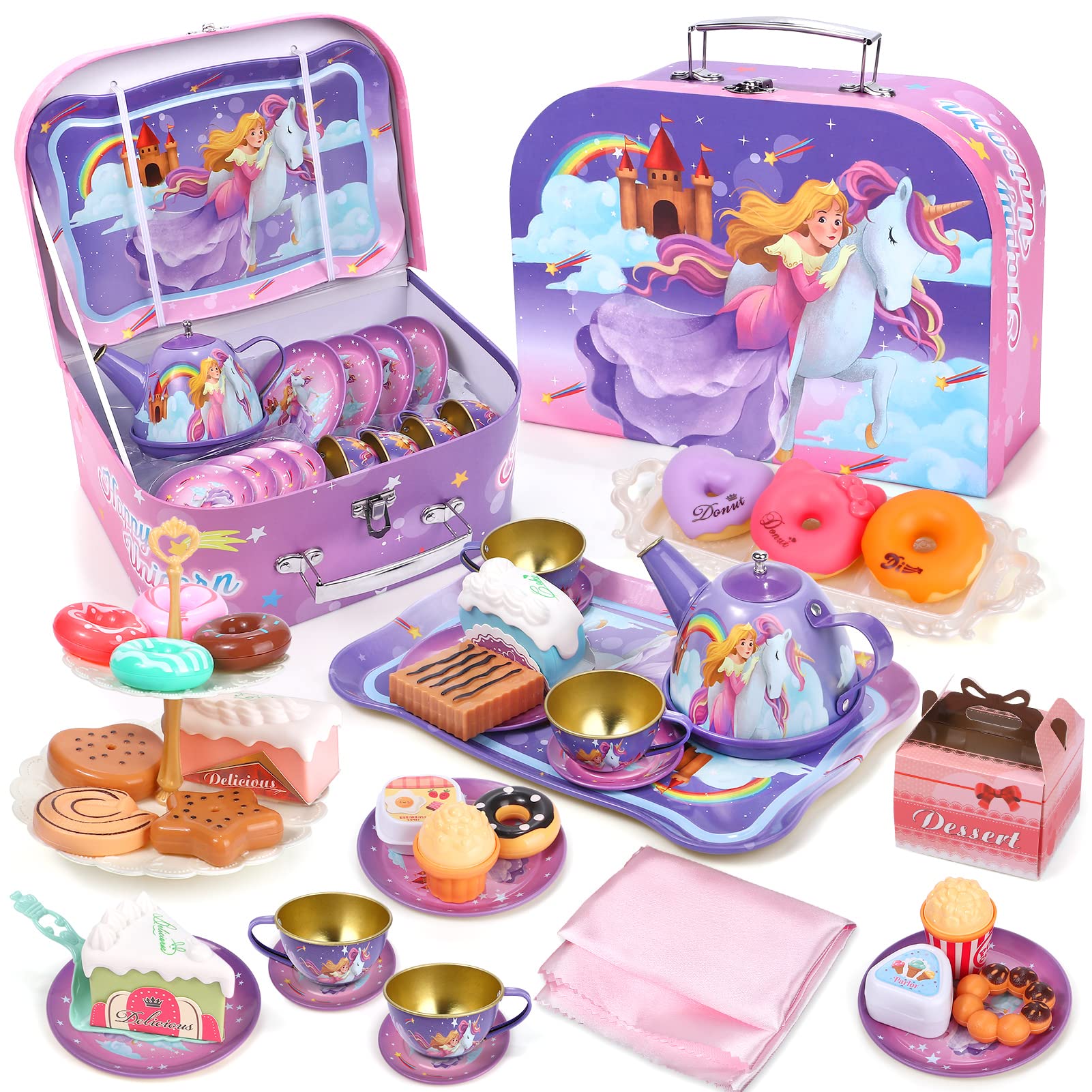 Golray 34Pcs Kids Tea Party Set for Little Girls Princess Unicorn Gift Pretend Toy Tin Tea Set & Carrying Case & Food Sweet Treats Playset, Tea Time Kitchen Pretend Play Toys Gift for Girl Age 3 4 5 6