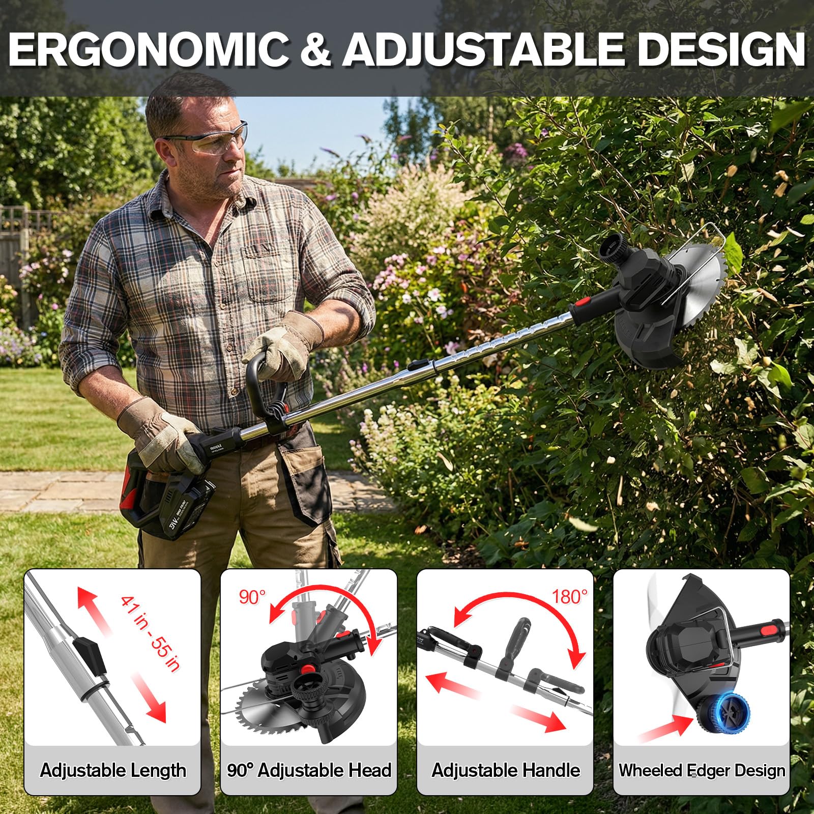 Cordless Strimmer with 2x2.0Ah Batteries, 750W Grass Trimmer and Cordless Brush Cutter with Wheels, 24000RPM Electric Weed Trimmer with Metal Blades, Lightweight Telescopic Strimmer — view 5