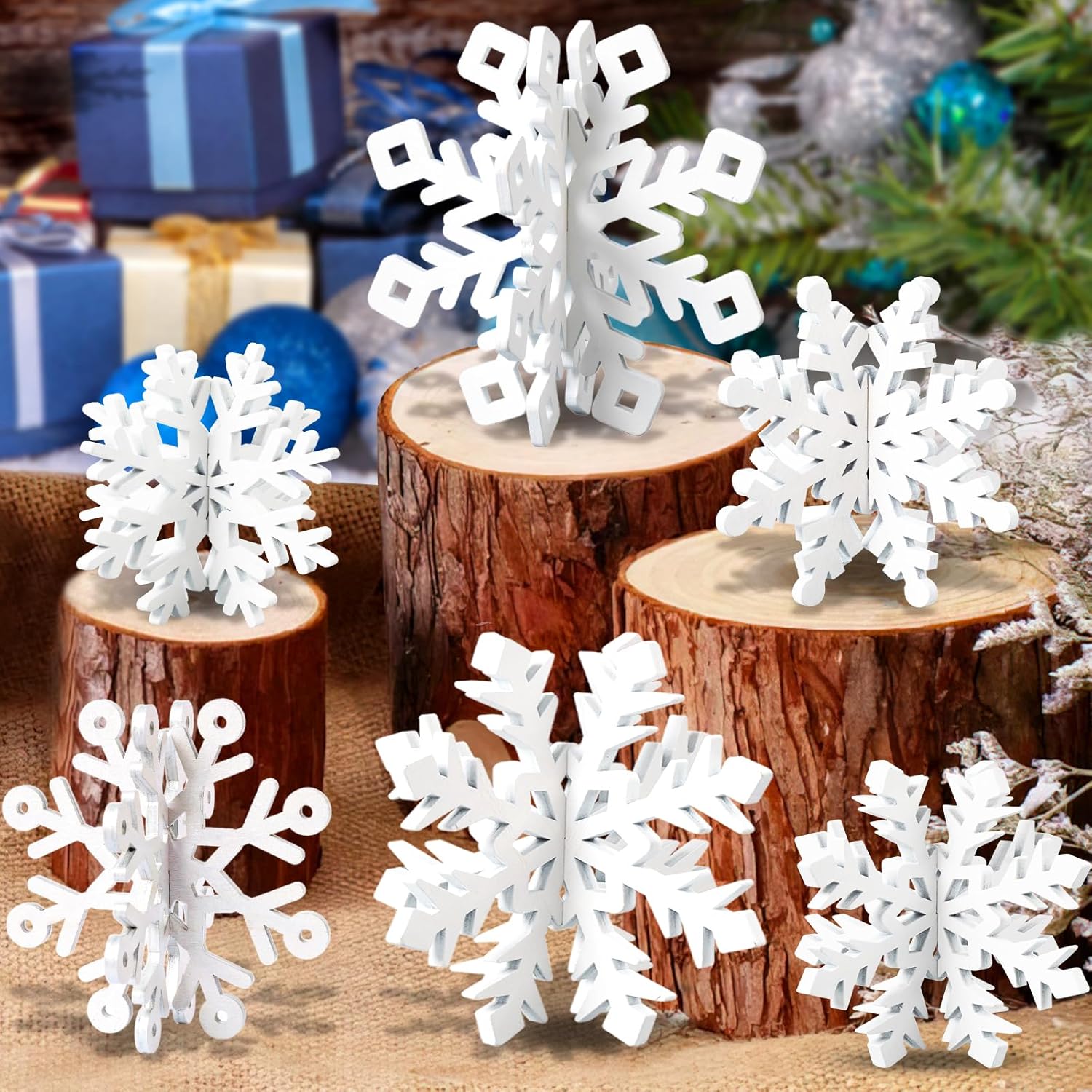 OuMuaMua 6 Set Snowflake Christmas Table Decorations - 12pcs White Wooden 3D Snowflake Decor Tabletop Centerpiece for Christmas Party Supplies Home Decor White 6 set