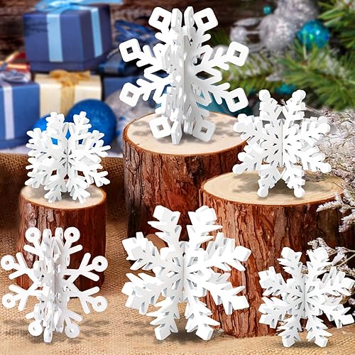 OuMuaMua Juego de 6 decoraciones de mesa de Navidad con copos de nieve – 12 piezas de madera blanca 3D decoración de copo de nieve de mesa para