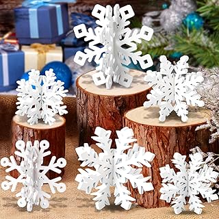 OuMuaMua 6 Set Snowflake Christmas Table Decorations - 12pcs White Wooden 3D Snowflake Decor Tabletop Centerpiece for Christmas Party Supplies Home Decor