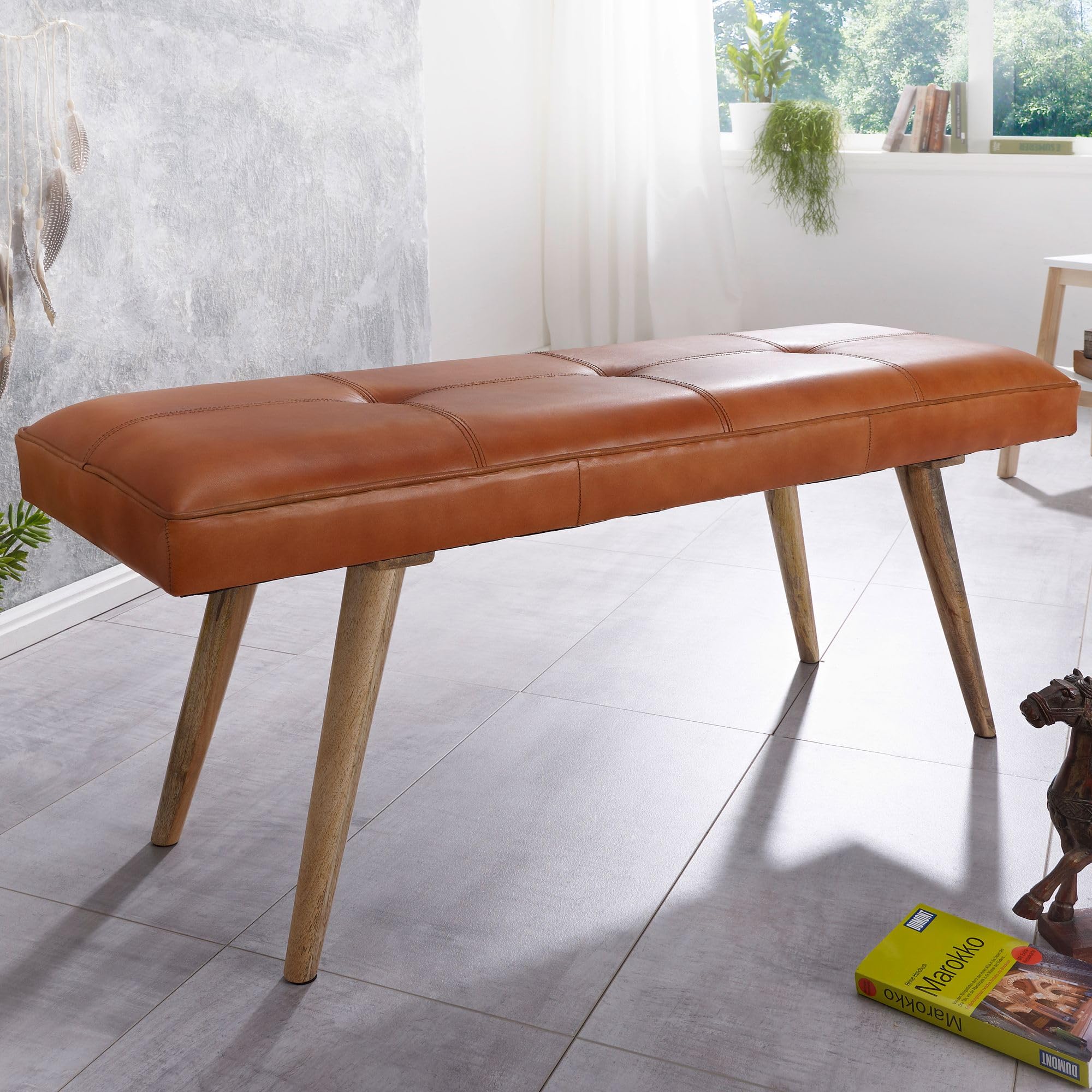 Banc en cuir massif bois 117x51x38 cm style rétro FineBuy