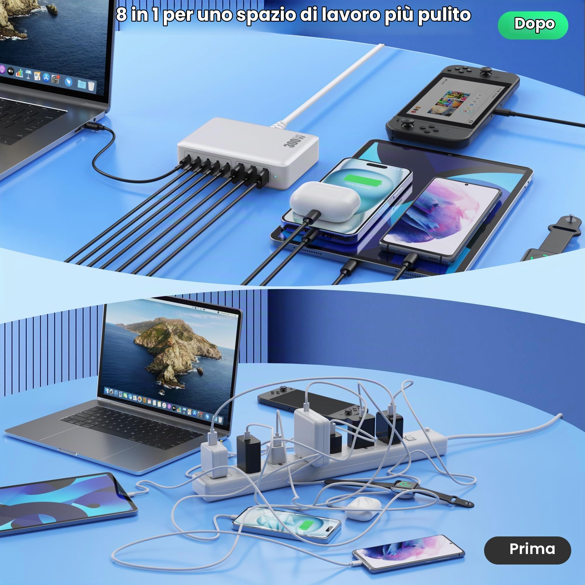 300W GaN Ⅳ 8 Port USB C Multiplo Caricabatterie PD PPS QC, Stazione di Ricarica Multipla per MacBook Air/Pro iPhone iPad Samsung SteamDeck-Bianco