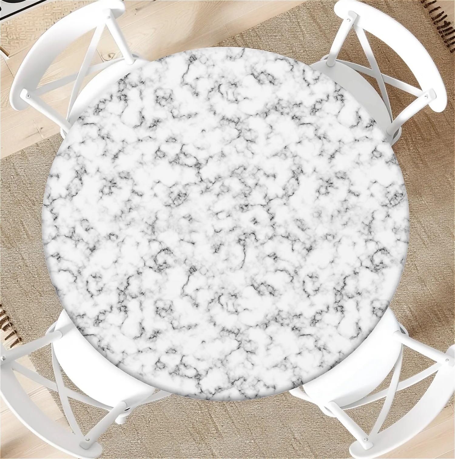 Round Tablecloth with Elastic Edge 60 Inch Waterproof Outdoor Fitted Table Cover for Dining, Kitchen, Party –White Marble Decorative Patterned Table Protector