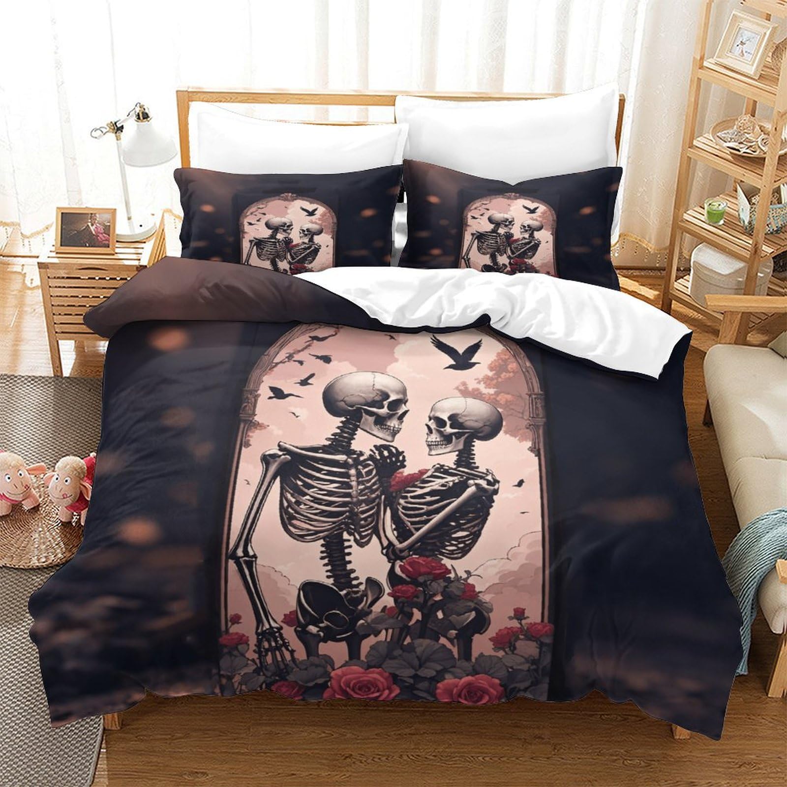 XiaopangXY Skull Lovers Bedding Set 3D Printed Gothic Quilt Cover with Zipper Closure Luxe Duvet Cover with Pillowcase Microfiber for Childrens And Adults King（220x240cm）