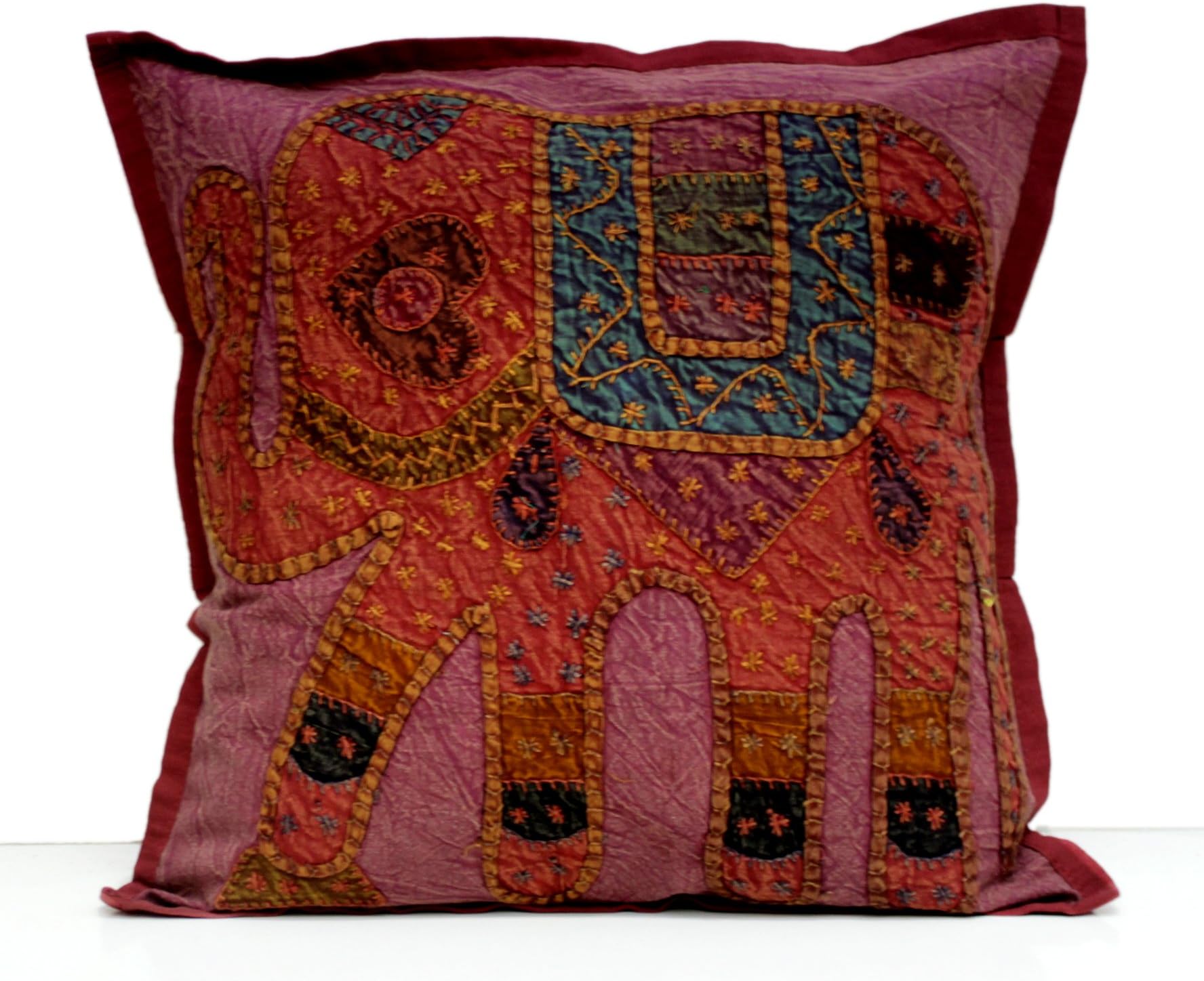 An Applique Indian Home Decor Elephant Design Patch Work Ethnic Pillow Cushion Cover (Maroon)