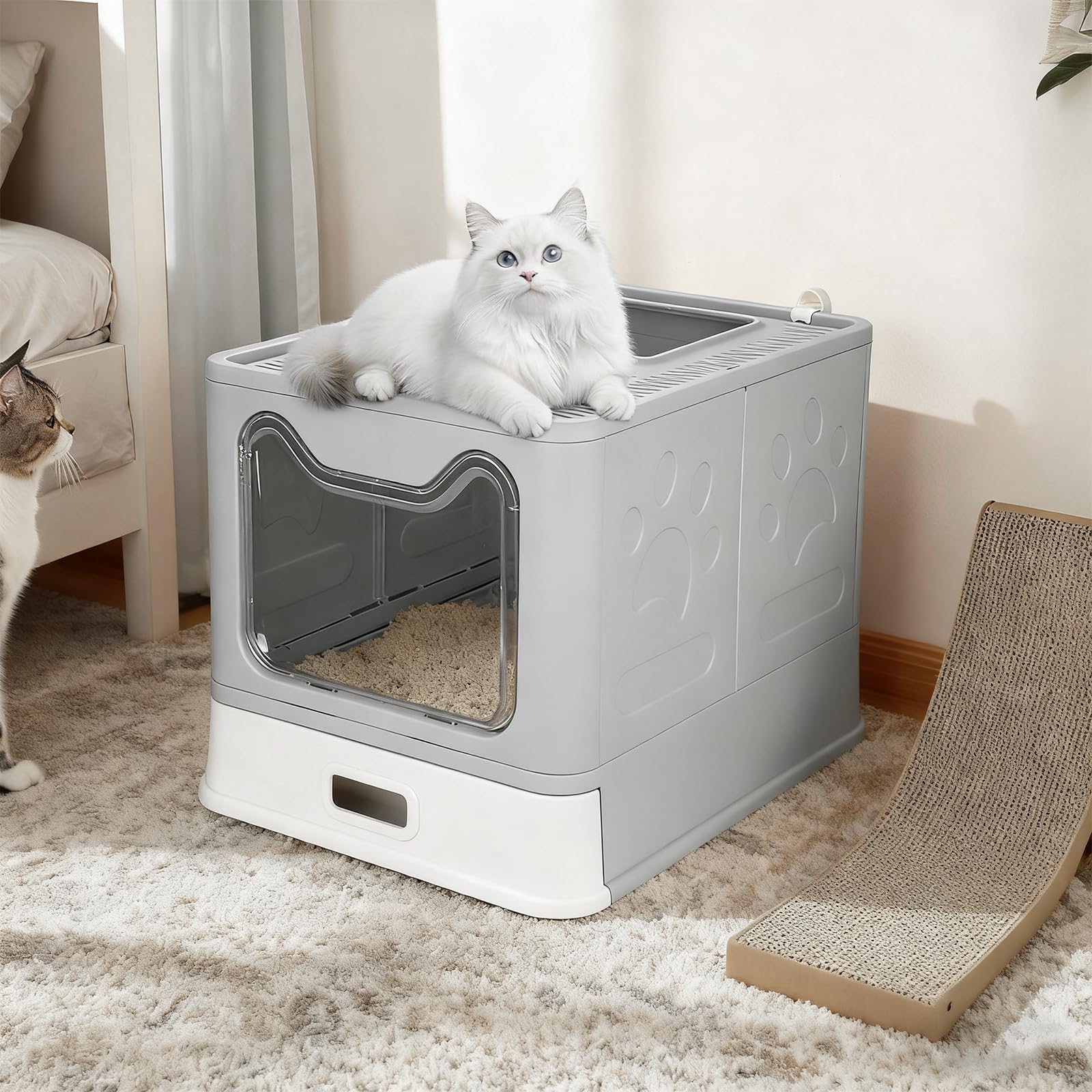 OHMG Lettiera per Gatti, Chiusa, Casa di Toilette in Acciaio Inox, Vassoio Rimovibile, Paletta, per Gatti Grandi, Capacità di Carico 15 kg, Anti-tracce, Anti-perdite
