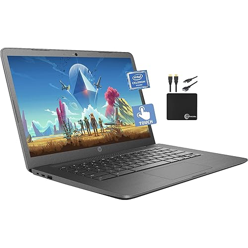 HP 2021 Premium Chromebook 14" HD Touchscreen Laptop, Intel Celeron N3350 Dual-core (up to 2.4GHz), 4GB RAM, 32GB eMMC, 10+ Hours Battery, HD Webcam, USB-A&C, Chrome OS, WiFi w/Marxsol Cables