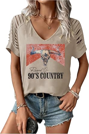 Womens Cut Out Cold Shoulder T Shirts Boho Floral Graphic Tshirts Nashville Country Lacerated Sleeve Cowgirls Tee Tops